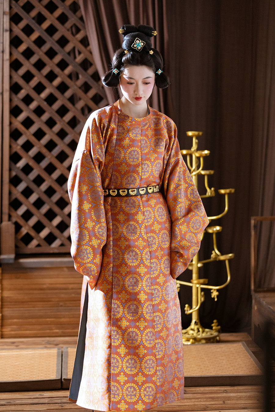 Pearl Birds 团窠联珠对鸟纹 Brocade Unisex Yuanlingpao Round Collar Robe