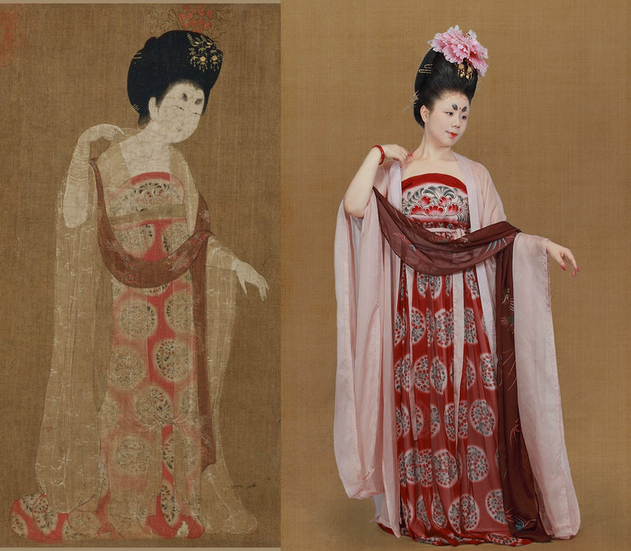 Zanhua Shinü 簪花仕女 "Court Ladies Wearing Flowered Headdresses" No.1 Painting Recreation Late Tang  Heziqun