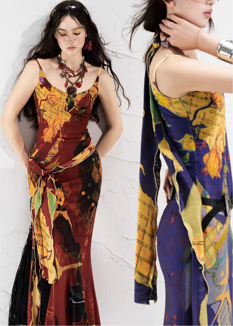 Real Illusions 真实幻境 New Chinese Style Abstract Color Block Hand Drawn Dress