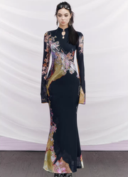 Du Sancai 度三彩 Tricolor Pottery New Chinese Style Long Sleeve Qipao