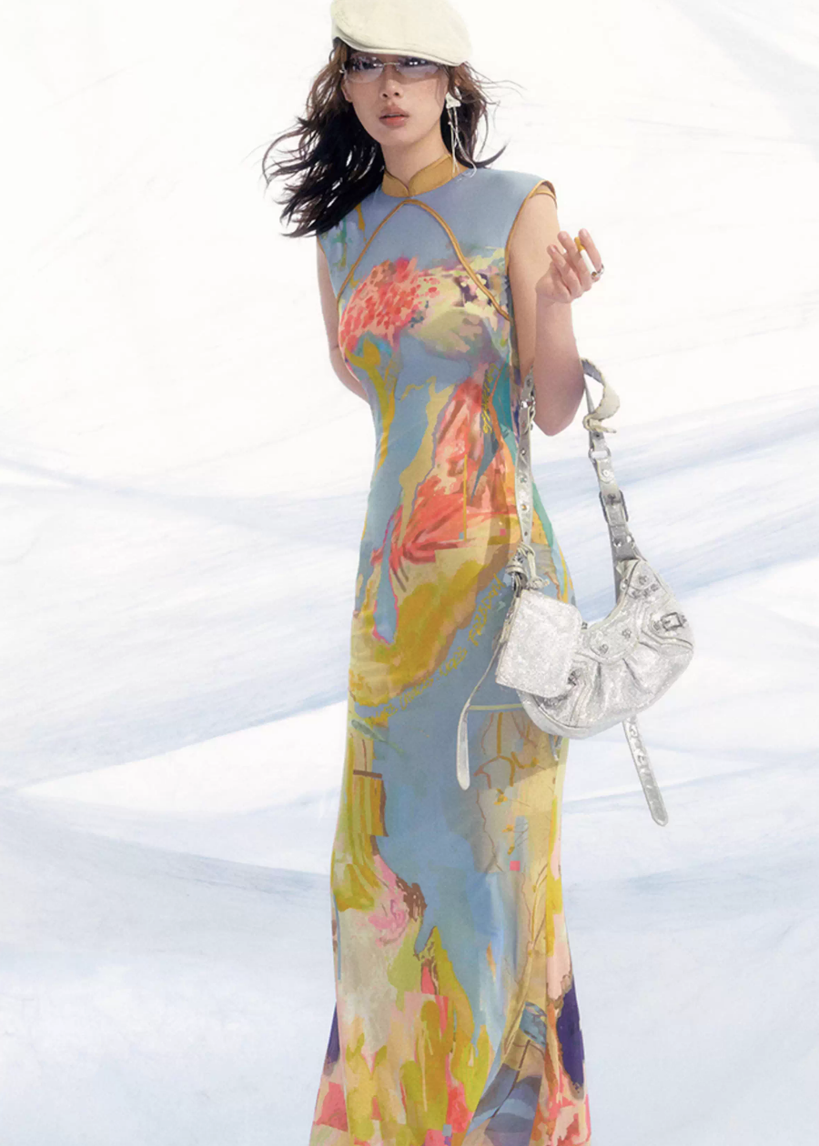 Luoman Ci 罗曼词 Romance Language New Chinese Style Colorful Sleeveless Qipao