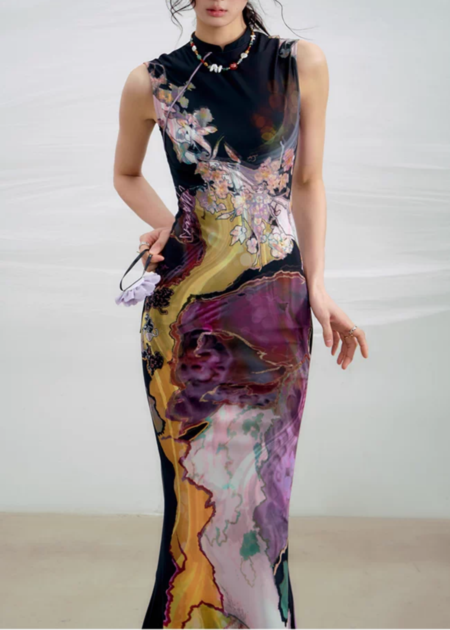 Li Meng 李梦 Plum Dream New Chinese Style Tricolor Print Sleeveless Qipao