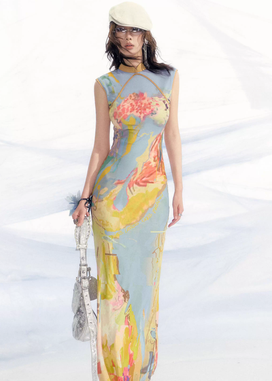 Luoman Ci 罗曼词 Romance Language New Chinese Style Colorful Sleeveless Qipao