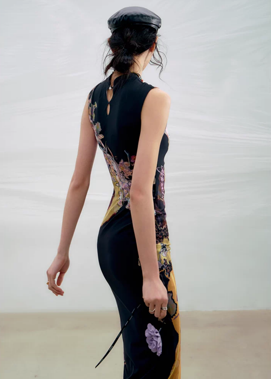 Li Meng 李梦 Plum Dream New Chinese Style Tricolor Print Sleeveless Qipao