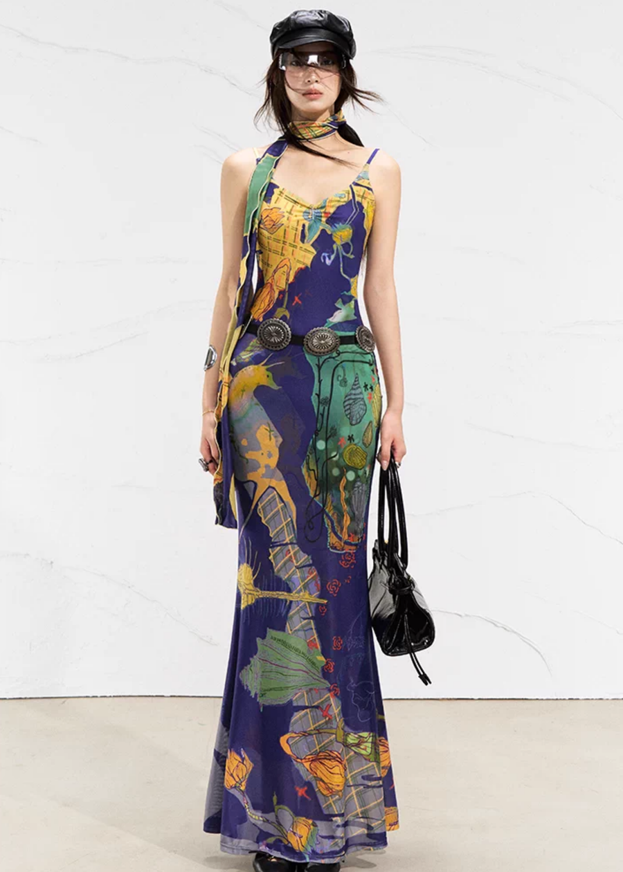 Real Illusions 真实幻境 New Chinese Style Abstract Color Block Hand Drawn Dress