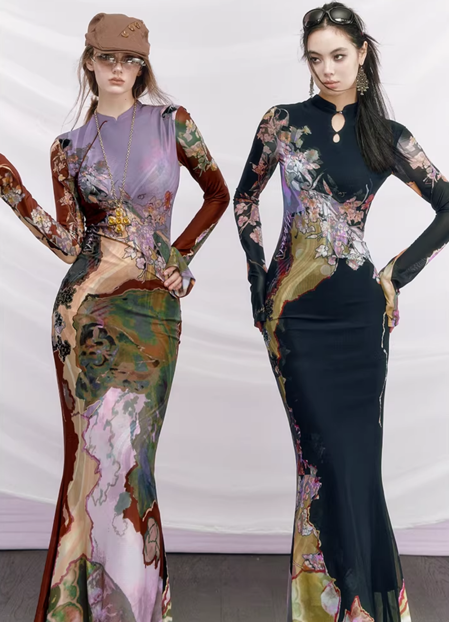 Du Sancai 度三彩 Tricolor Pottery New Chinese Style Long Sleeve Qipao