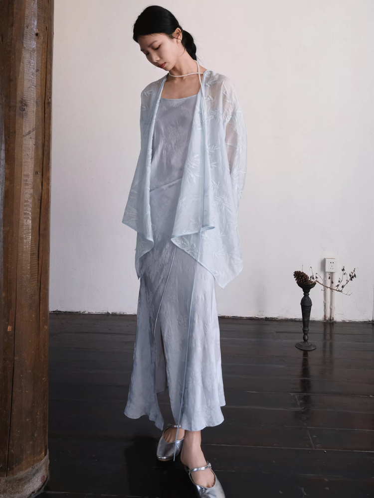 Yushu Luo 玉黍螺 Periwinkle New Chinese Style Bias Cut Satin Jacquard Two-Way Dress