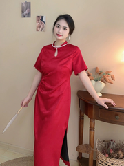 Hong Zhuang 红妆 Red Makeup Plus Size New Chinese Style Ruched Satin Qipao