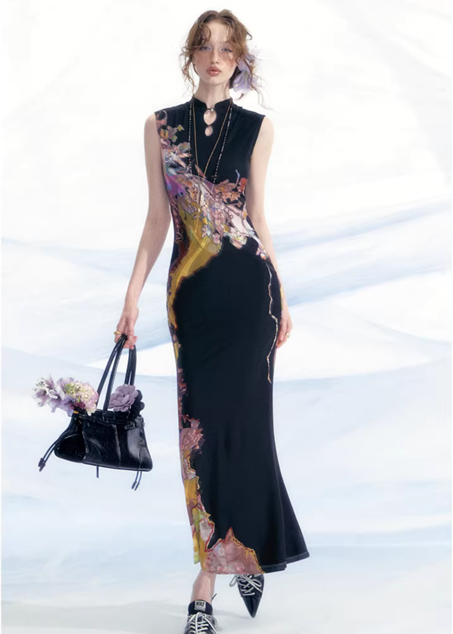 Li Meng 李梦 Plum Dream New Chinese Style Tricolor Print Sleeveless Qipao