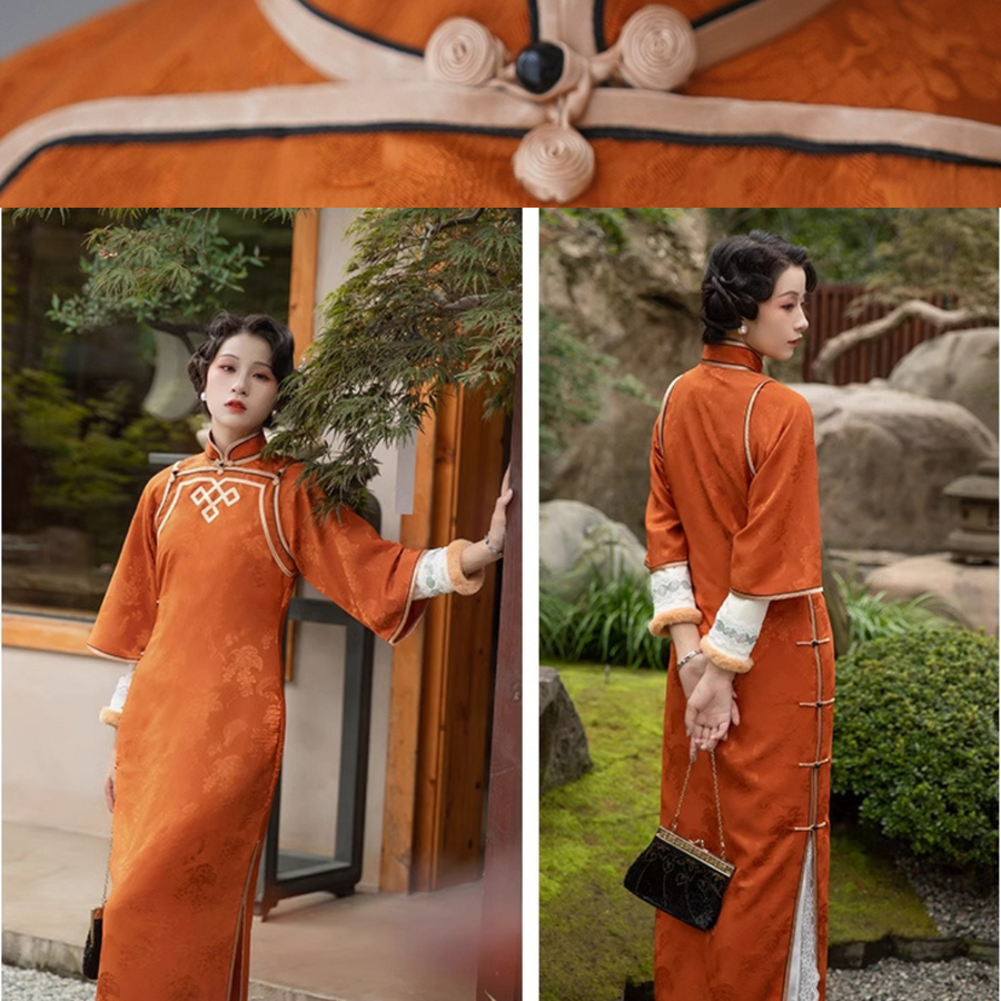 Fei Lian 飞廉 1920s Parallel Panel Jacquard Contrast Trim Bell Sleeve Qipao