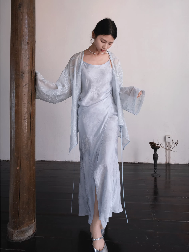 Yushu Luo 玉黍螺 Periwinkle New Chinese Style Bias Cut Satin Jacquard Two-Way Dress