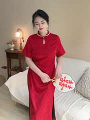 Hong Zhuang 红妆 Red Makeup Plus Size New Chinese Style Ruched Satin Qipao