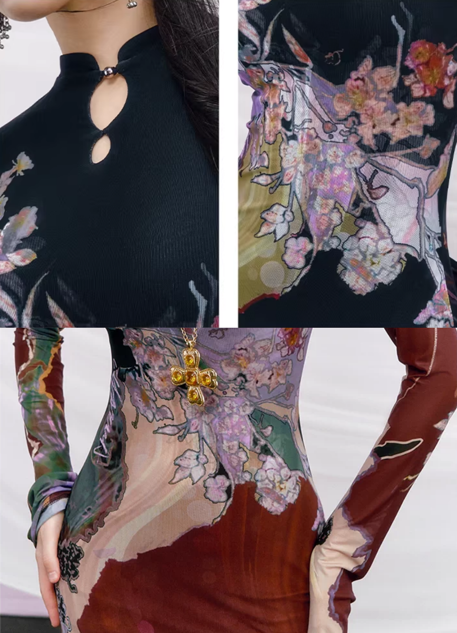 Du Sancai 度三彩 Tricolor Pottery New Chinese Style Long Sleeve Qipao