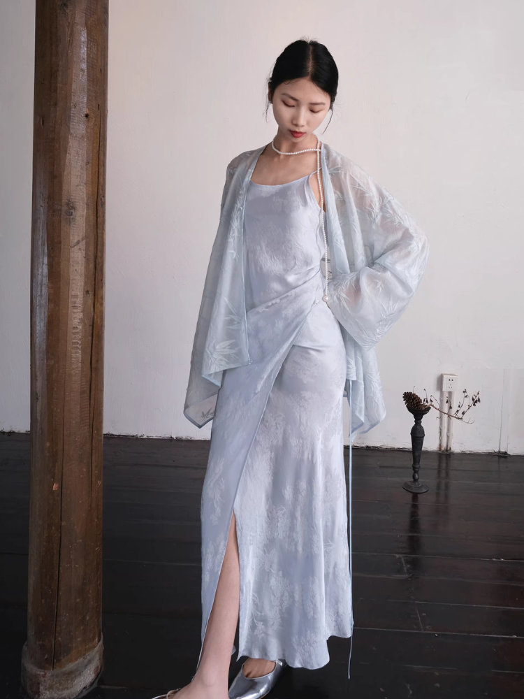 Yushu Luo 玉黍螺 Periwinkle New Chinese Style Bias Cut Satin Jacquard Two-Way Dress