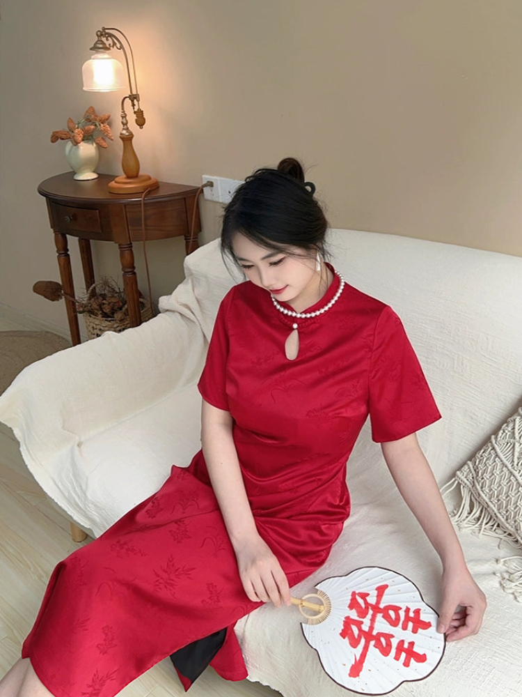 Hong Zhuang 红妆 Red Makeup Plus Size New Chinese Style Ruched Satin Qipao