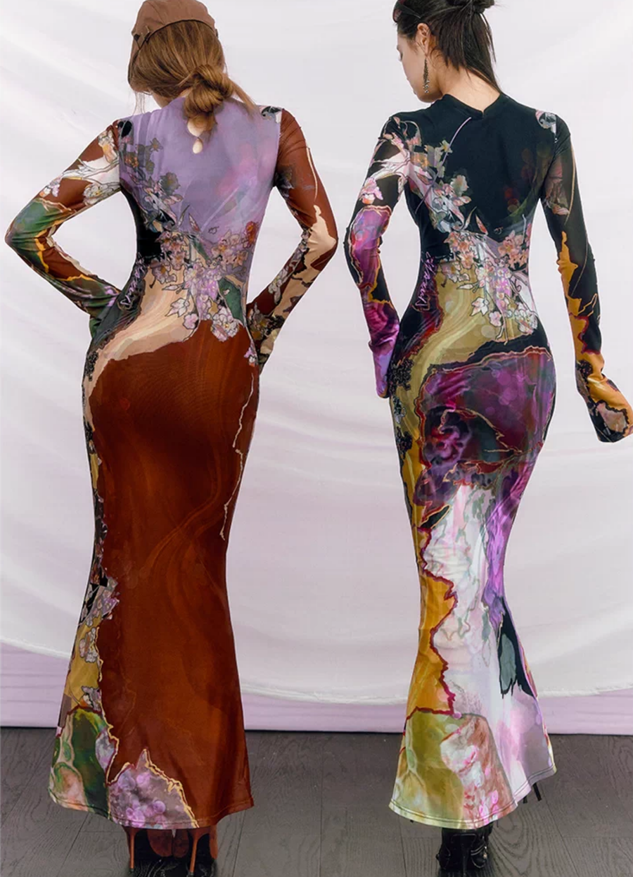 Du Sancai 度三彩 Tricolor Pottery New Chinese Style Long Sleeve Qipao