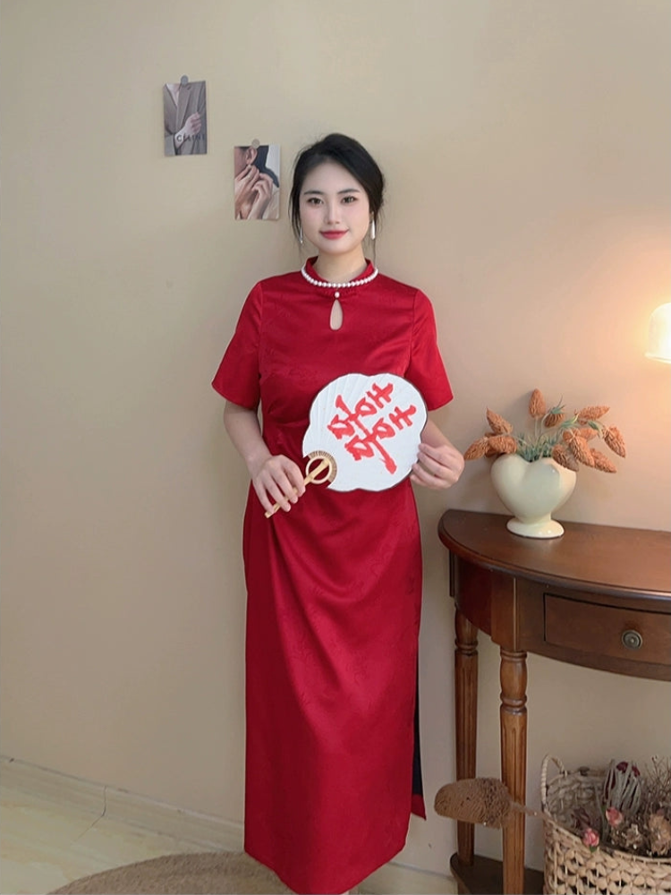 Hong Zhuang 红妆 Red Makeup Plus Size New Chinese Style Ruched Satin Qipao