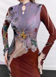 Du Sancai 度三彩 Tricolor Pottery New Chinese Style Long Sleeve Qipao