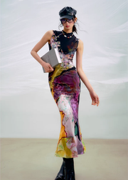 Li Meng 李梦 Plum Dream New Chinese Style Tricolor Print Sleeveless Qipao