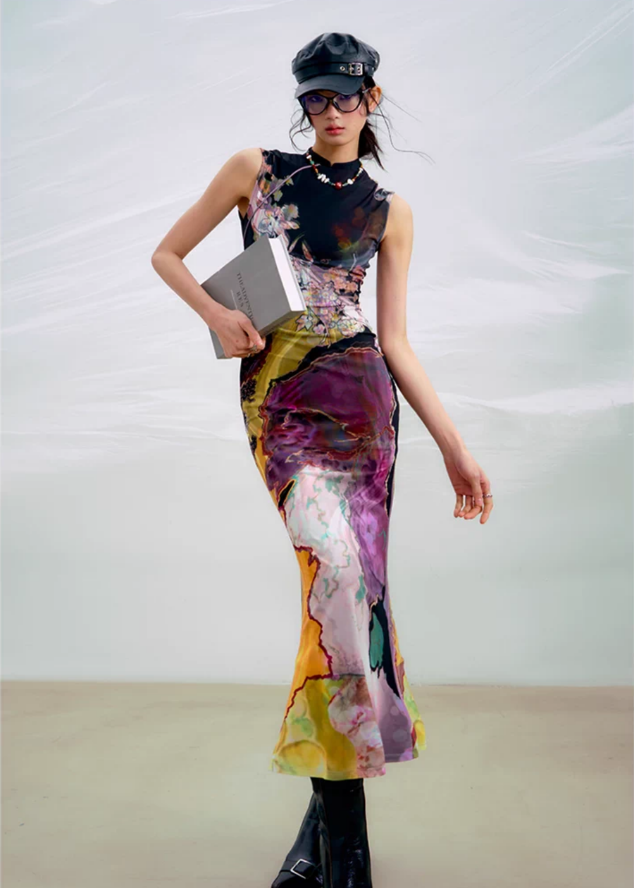 Li Meng 李梦 Plum Dream New Chinese Style Tricolor Print Sleeveless Qipao