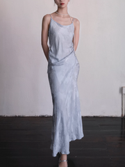 Yushu Luo 玉黍螺 Periwinkle New Chinese Style Bias Cut Satin Jacquard Two-Way Dress