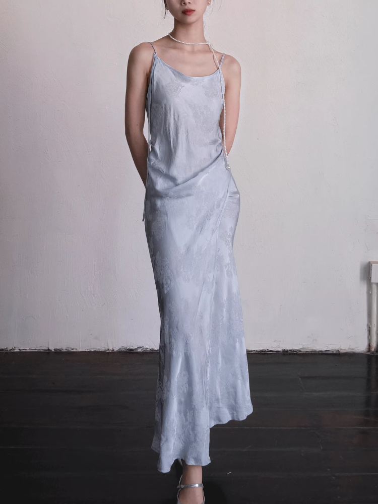 Yushu Luo 玉黍螺 Periwinkle New Chinese Style Bias Cut Satin Jacquard Two-Way Dress