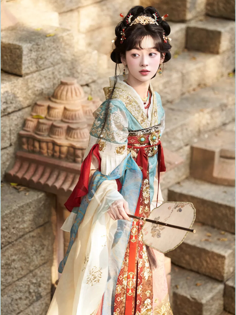 Qingluan Baoping 青鸾宝瓶 Azure Phoenix Fantasy WeiJin Dynasty Daxiushan Long Sleeve Top & Poqun Skirt Full Set