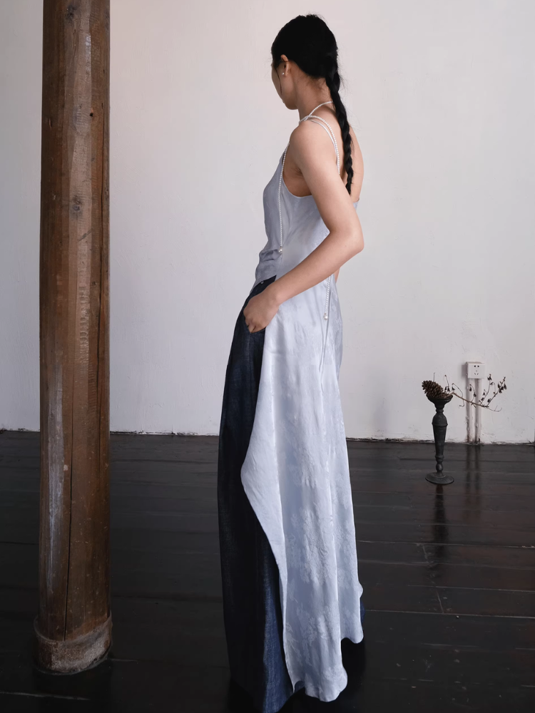 Yushu Luo 玉黍螺 Periwinkle New Chinese Style Bias Cut Satin Jacquard Two-Way Dress