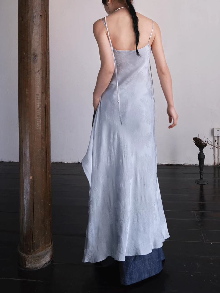 Yushu Luo 玉黍螺 Periwinkle New Chinese Style Bias Cut Satin Jacquard Two-Way Dress