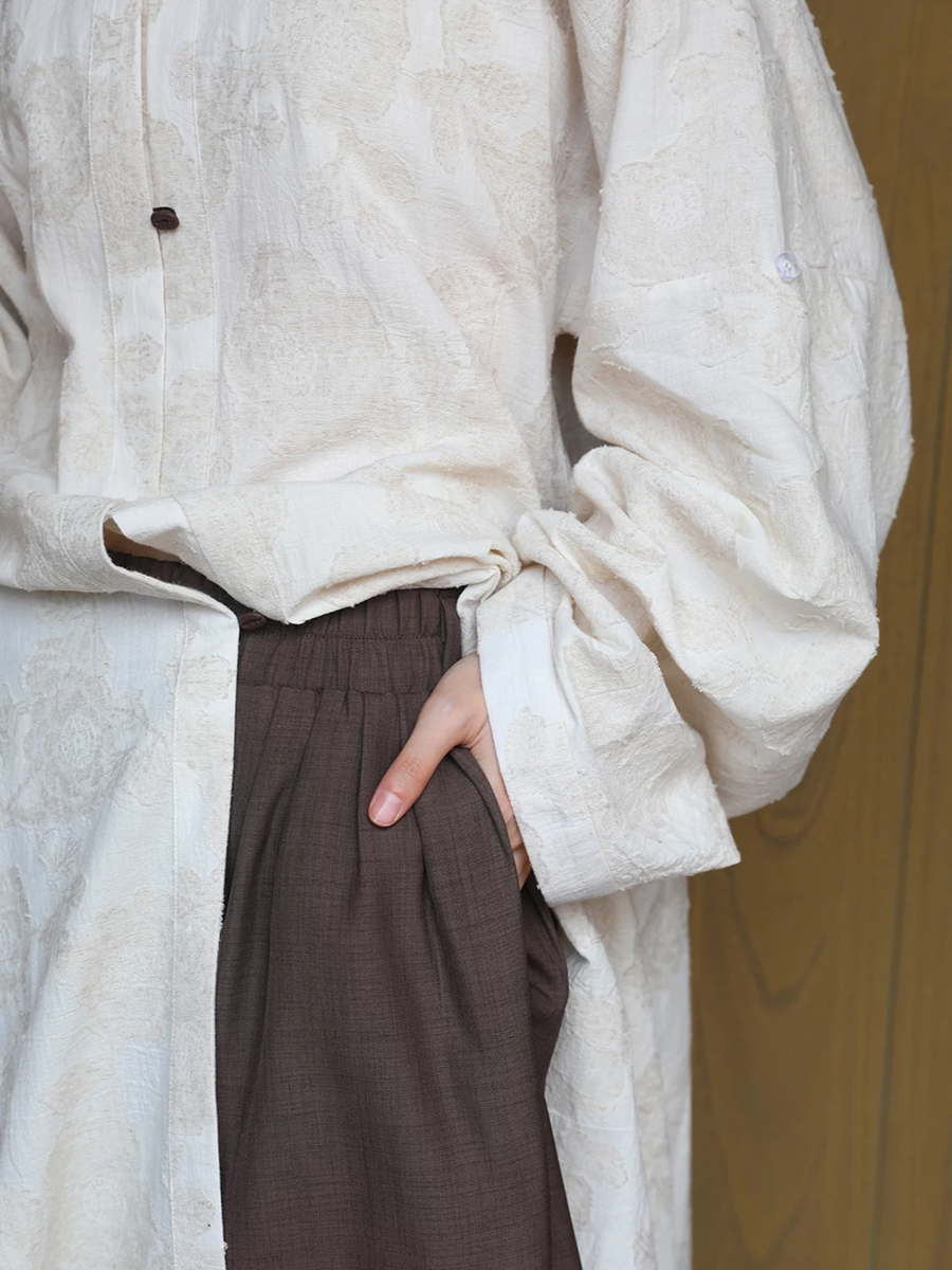 Hei Qiao 黑巧 Dark Chocolate Modernized WeiJin Ming Changshan Cotton Long Top & Lantern Trousers Set