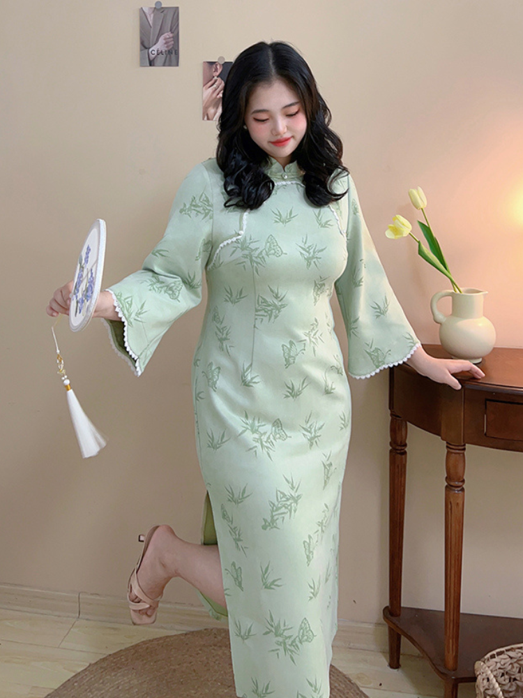 Ye Ruo 叶若 Fresh Bamboo Shoots 1920s Inspired Plus Size Scallop Sleeve Qipao