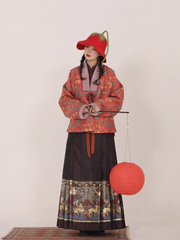 Song Chi 松弛 Relaxed Fit Modernized Ming Dynasty Padded Floral Duijin Ao Winter Coat & Deer Mamian Skirt Set