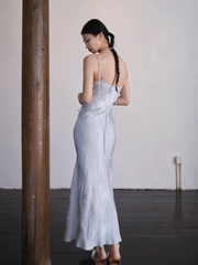 Yushu Luo 玉黍螺 Periwinkle New Chinese Style Bias Cut Satin Jacquard Two-Way Dress