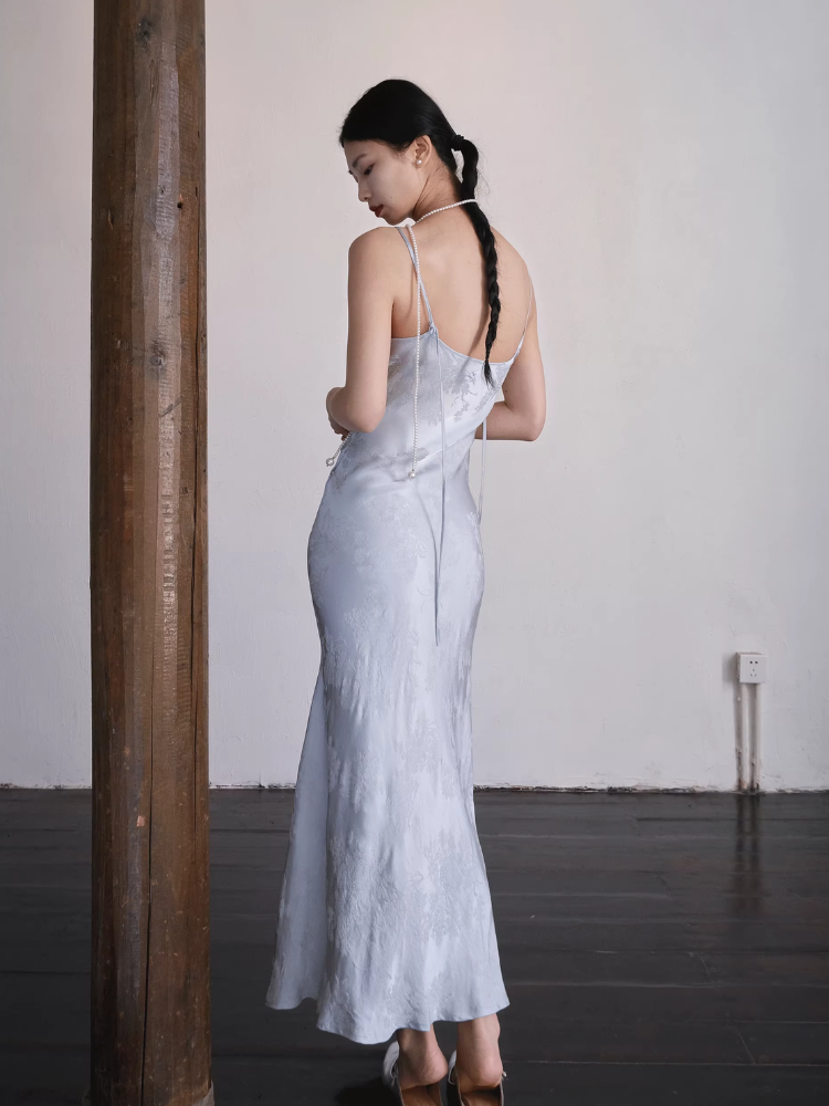 Yushu Luo 玉黍螺 Periwinkle New Chinese Style Bias Cut Satin Jacquard Two-Way Dress