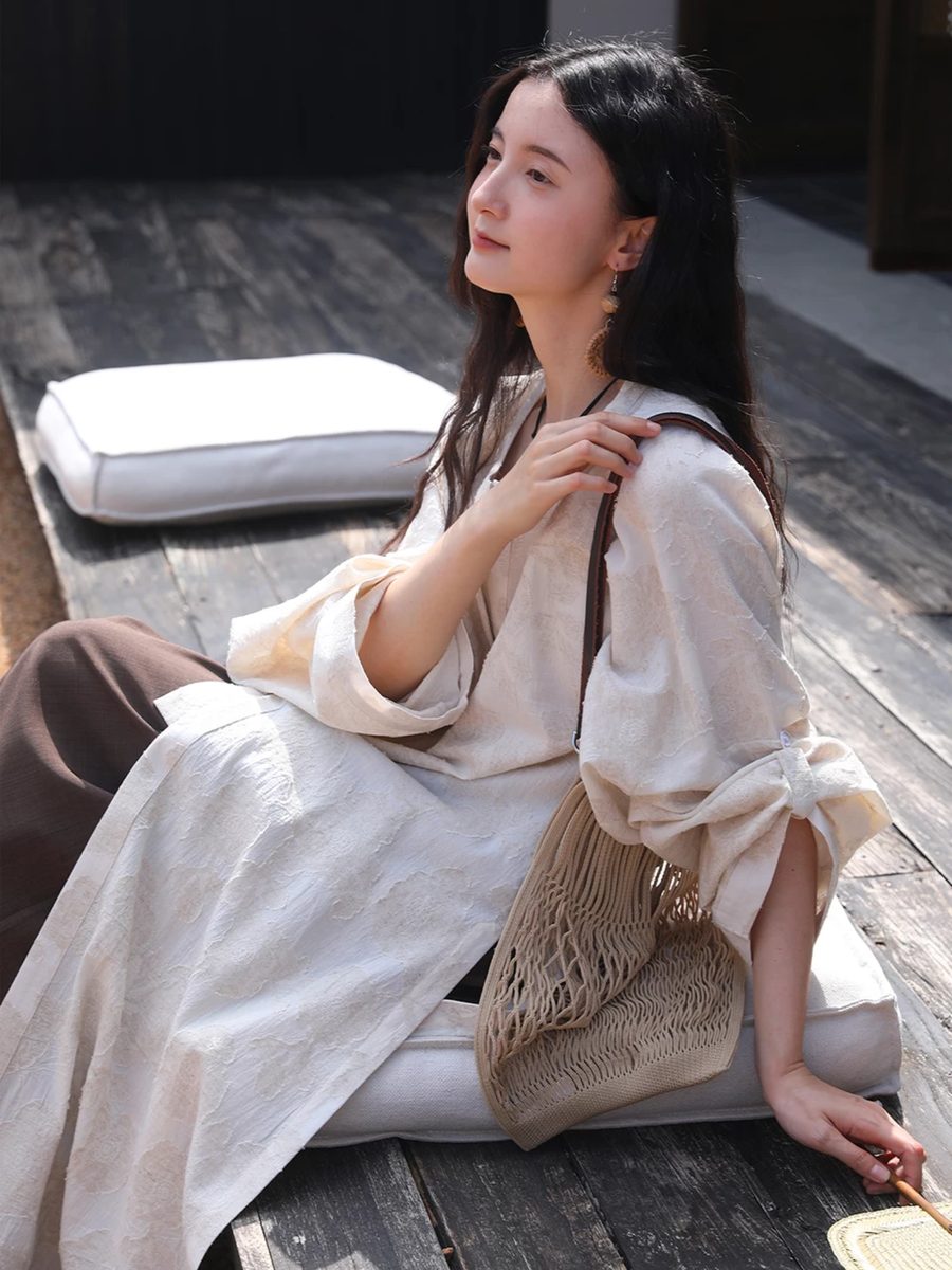 Hei Qiao 黑巧 Dark Chocolate Modernized WeiJin Ming Changshan Cotton Long Top & Lantern Trousers Set