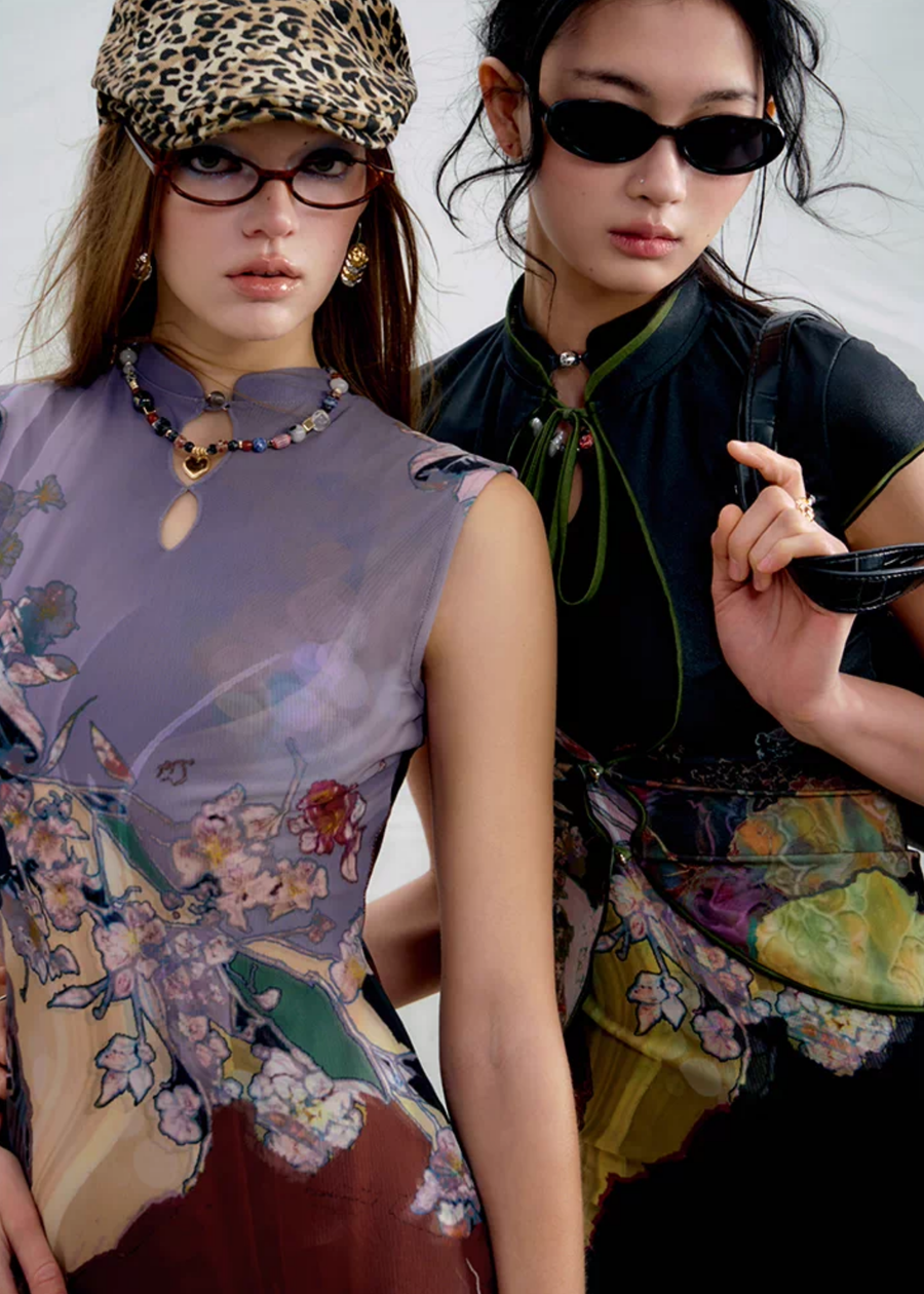 Li Meng 李梦 Plum Dream New Chinese Style Tricolor Print Sleeveless Qipao