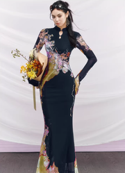 Du Sancai 度三彩 Tricolor Pottery New Chinese Style Long Sleeve Qipao