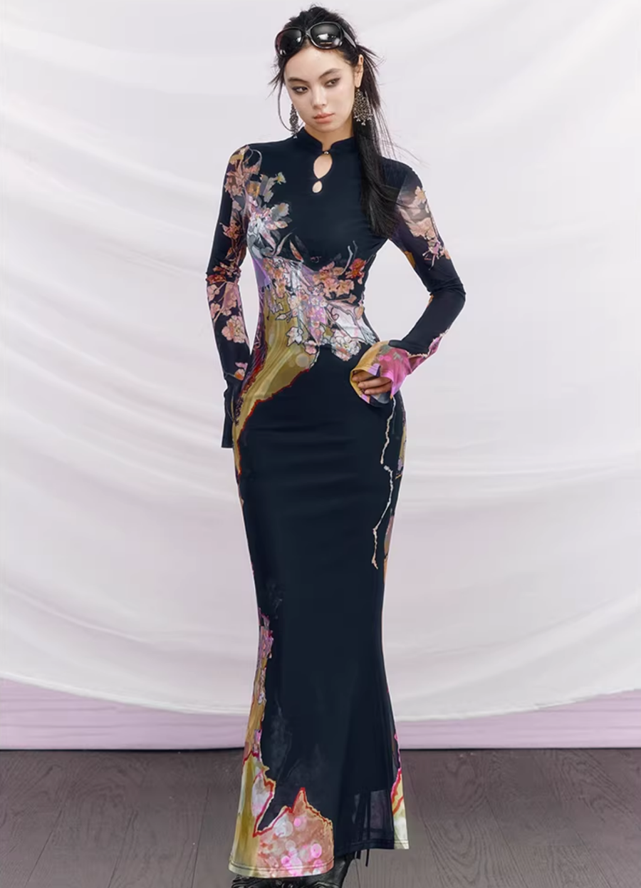 Du Sancai 度三彩 Tricolor Pottery New Chinese Style Long Sleeve Qipao