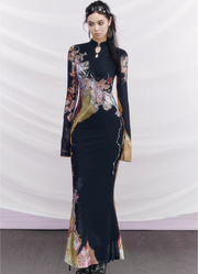 Du Sancai 度三彩 Tricolor Pottery New Chinese Style Long Sleeve Qipao