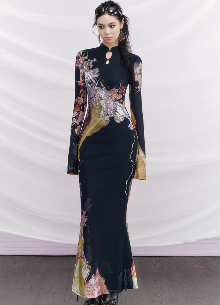 Du Sancai 度三彩 Tricolor Pottery New Chinese Style Long Sleeve Qipao