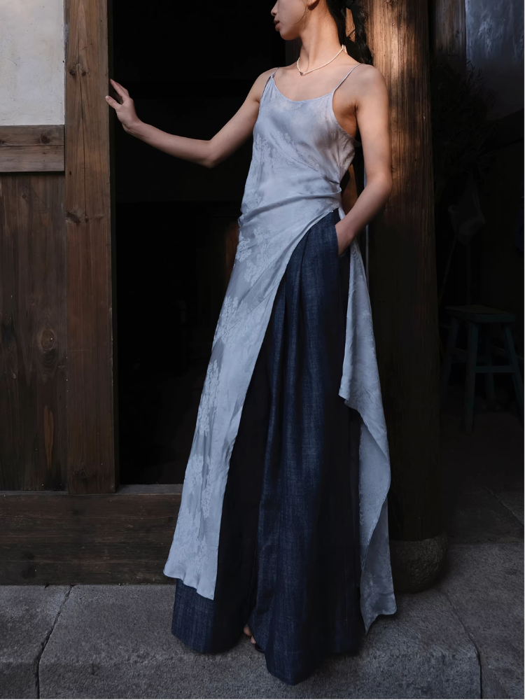 Yushu Luo 玉黍螺 Periwinkle New Chinese Style Bias Cut Satin Jacquard Two-Way Dress