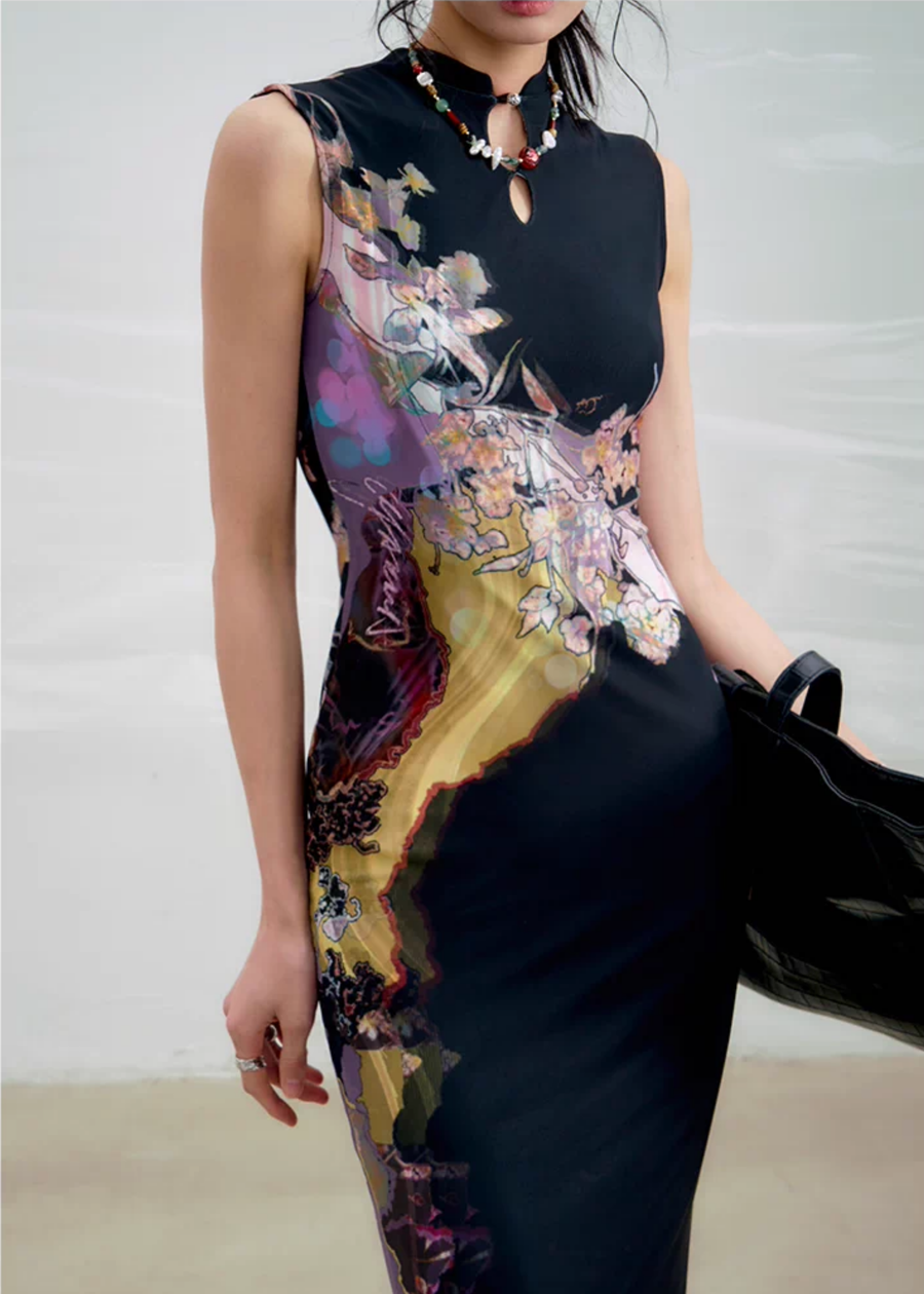 Li Meng 李梦 Plum Dream New Chinese Style Tricolor Print Sleeveless Qipao