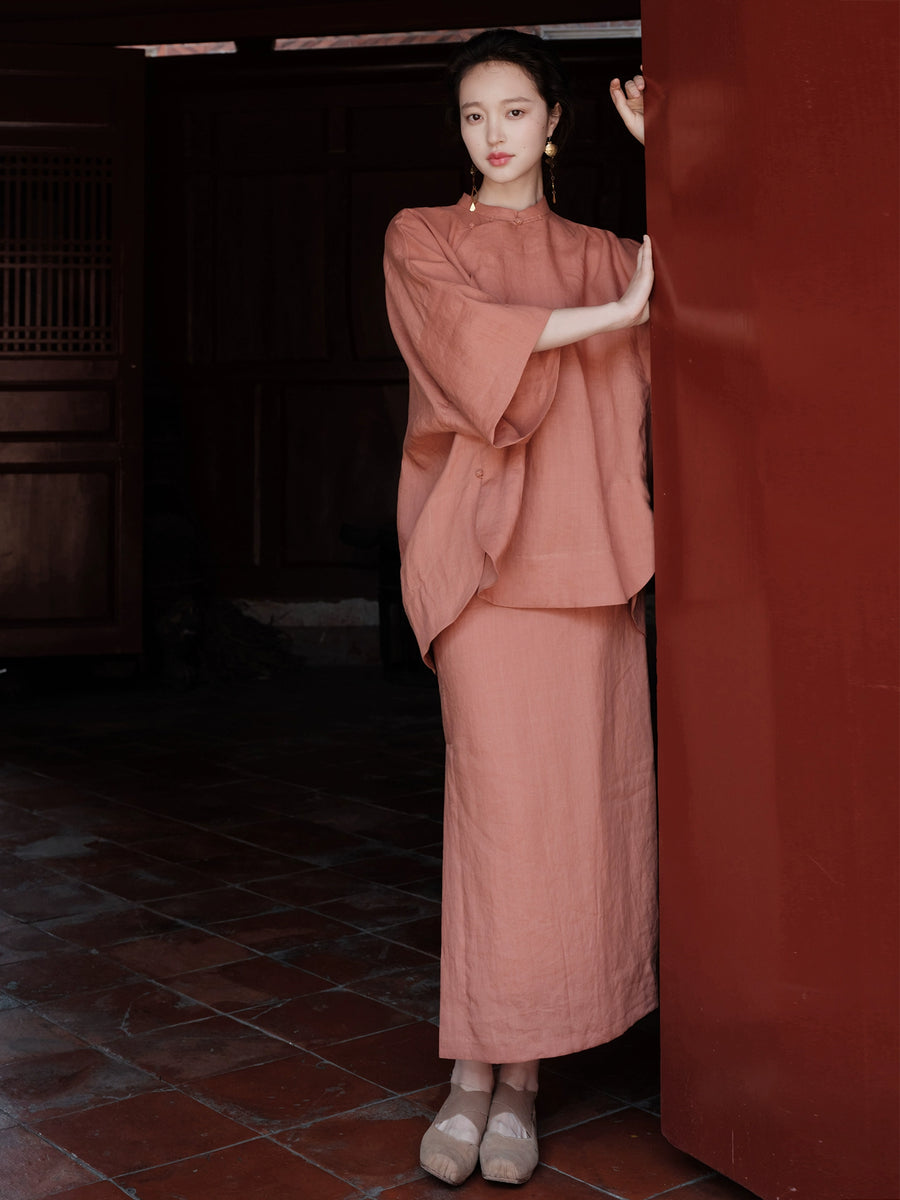 Bei Ke 贝壳 Seashells New Chinese Style Summer Ramie Qipao Top & Skirt Set