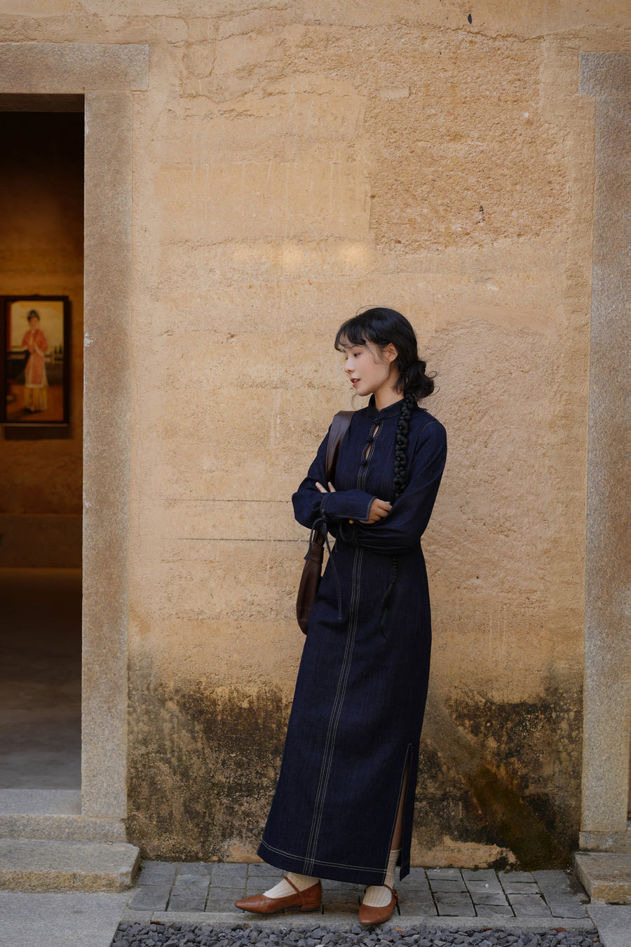 Lan Diao 蓝调 Everyday Blues Modernized Cotton Denim Long Sleeve Qipao