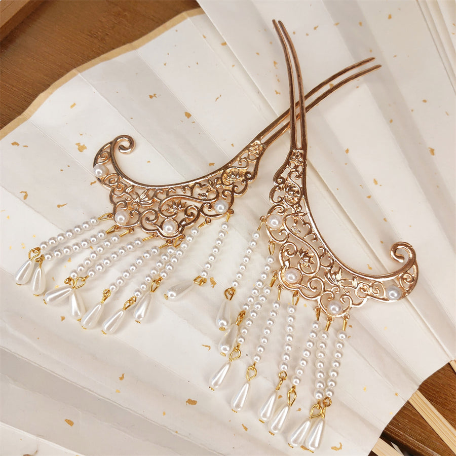Yi Lang 依兰 Ylang Flower Tang Ming Buyao Dangling Pearl Curved Hair Pin Set