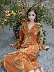 Ci Xiu 刺绣 Osmanthus Embroidery New Chinese Style Velvet Midi Dress