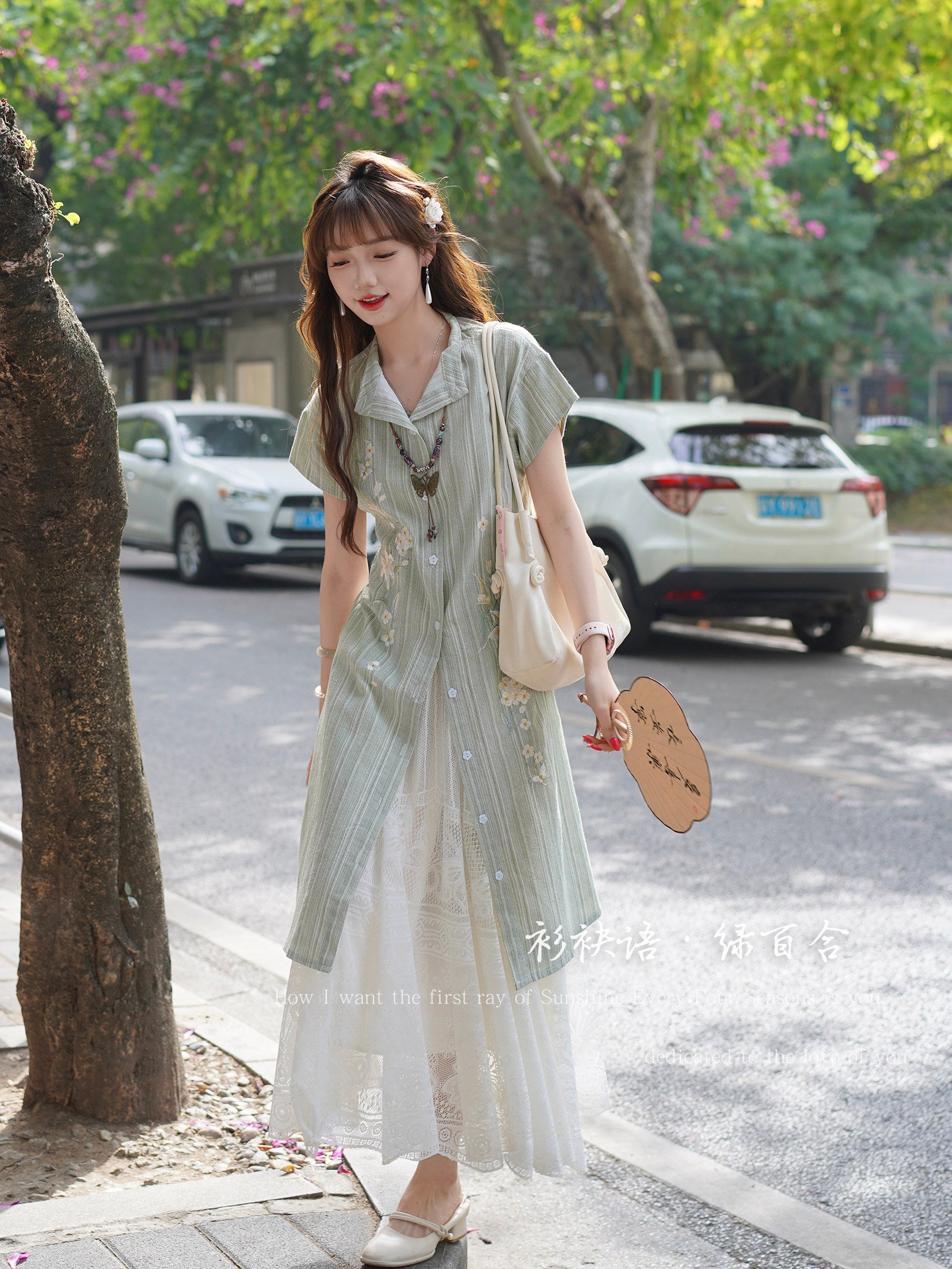 Lü Baihe 绿百合 Green Lily New Chinese Style Pure Cotton Round Collar Embroidered Day Dress