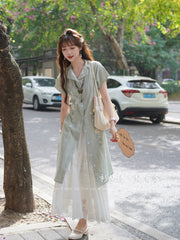 Lü Baihe 绿百合 Green Lily New Chinese Style Pure Cotton Round Collar Embroidered Day Dress