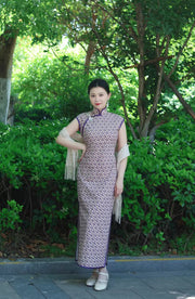 Hai Tang 海棠 Begonia Republic of China Geometric Print Pure Cotton Cap Sleeve Qipao