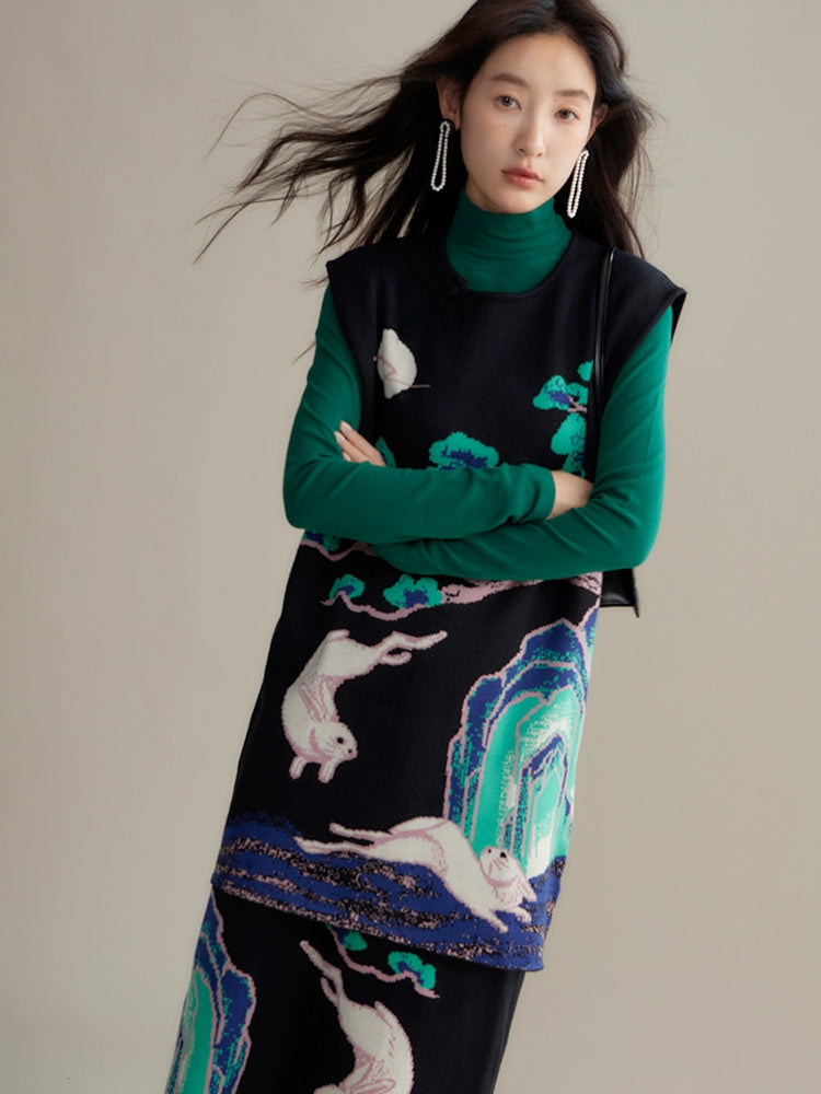 Xi Nao 嬉闹 Frolicking Rabbits New Chinese Style Knit Sweater Vest